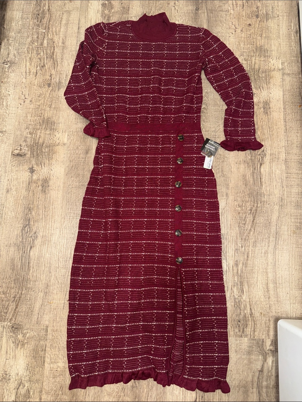 Studio One Burgundy Knit Button-Side Midi Dress
